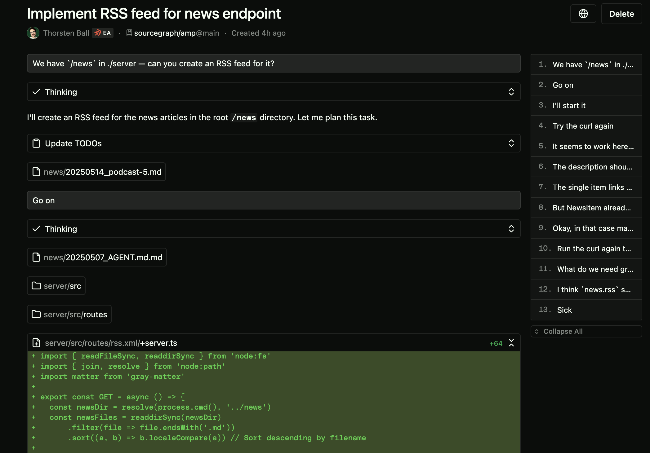 Screenshot of thread in which it implemented an RSS feed